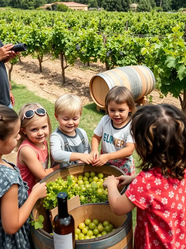 A photo of children participating in an educational workshop about winemaking, organized by COMITE DU CRU FITOU at a local vineyard.