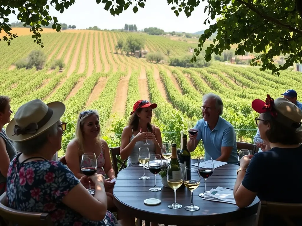 A photograph capturing a lively wine tasting event in a vineyard, showcasing people laughing and enjoying local wines, with the Fitou landscape in the background.
