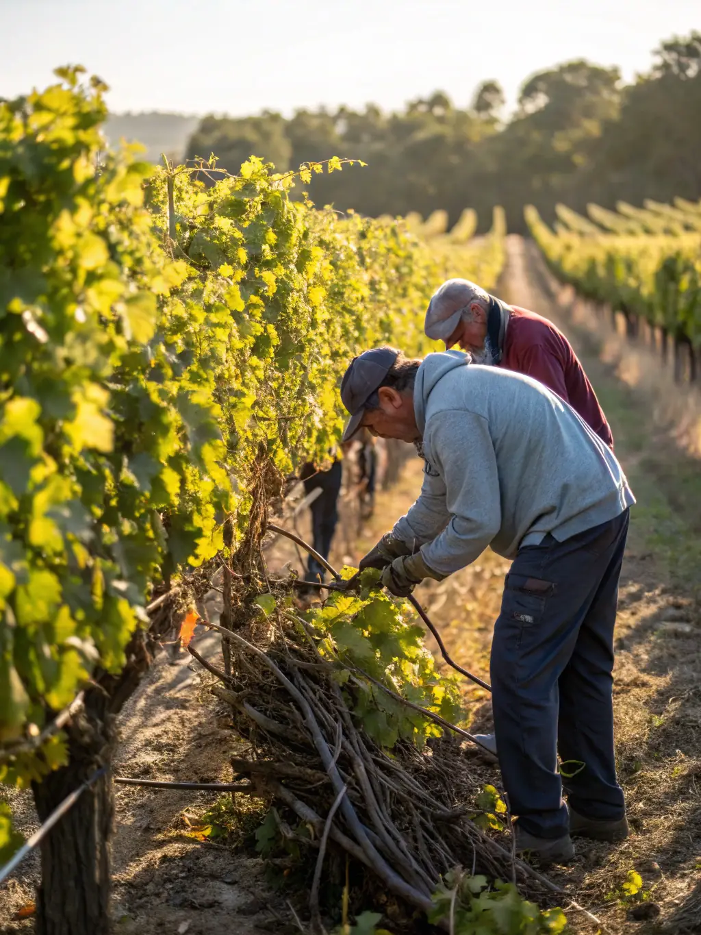 A photograph depicting participants in an educational workshop learning about viticulture techniques, such as pruning or grafting. The image should emphasize hands-on learning and skill development.