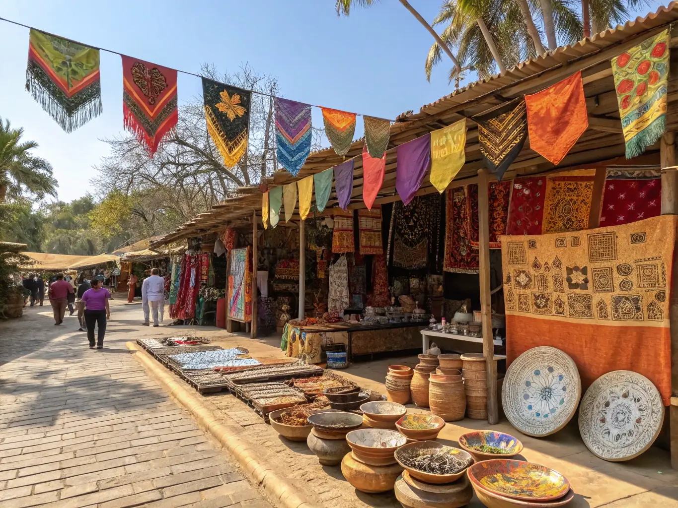 A dynamic image of local artisans displaying their crafts at a heritage fair, highlighting the economic benefits of cultural tourism and the preservation of traditional skills.