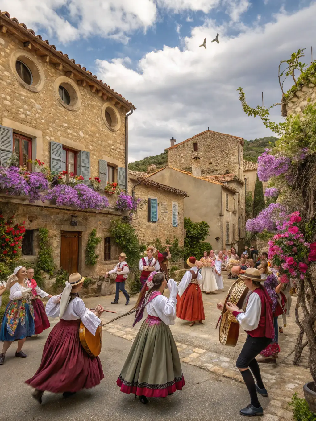 A lively village festival in Fitou, with traditional music, dance, and food stalls, celebrating the local culture and community spirit.