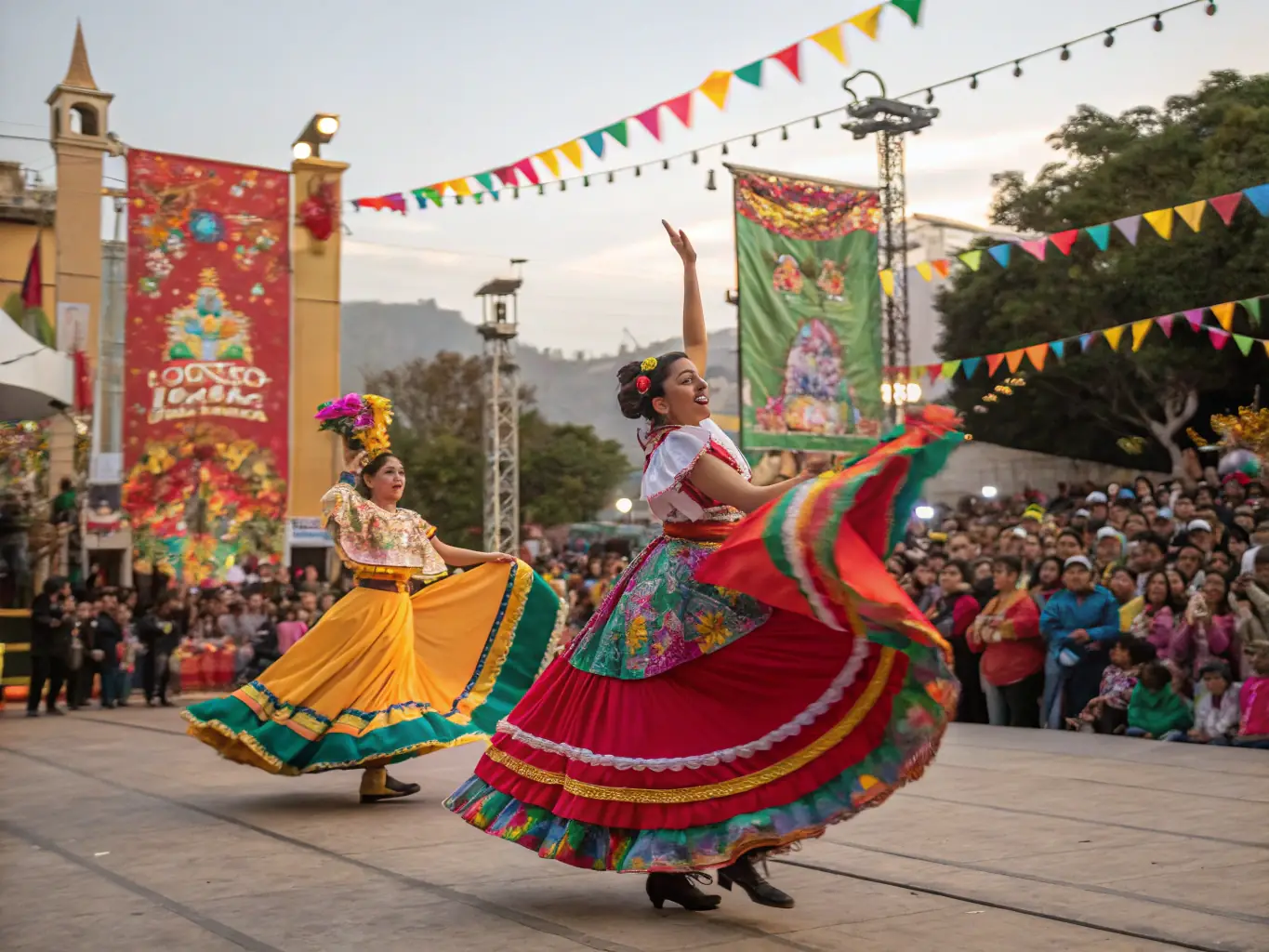 A photograph of a group of people participating in a traditional dance during a cultural festival, with colorful costumes and a festive atmosphere.