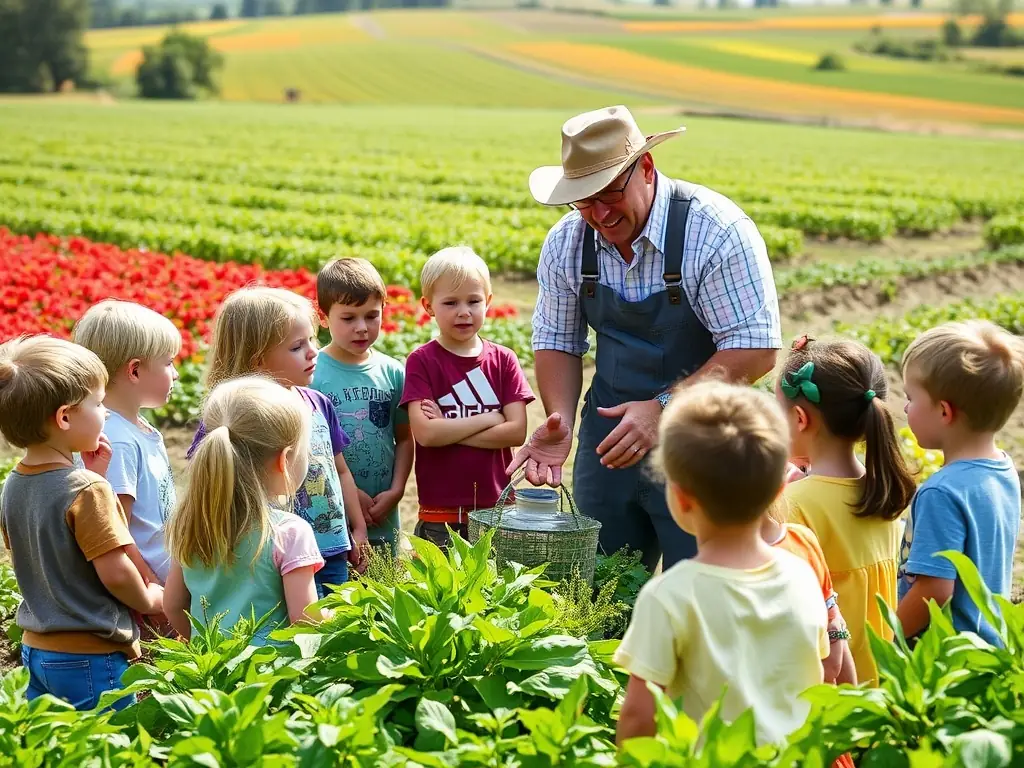 An image depicting children participating in an educational workshop about local agriculture and sustainable farming practices, promoting environmental awareness and community engagement.
