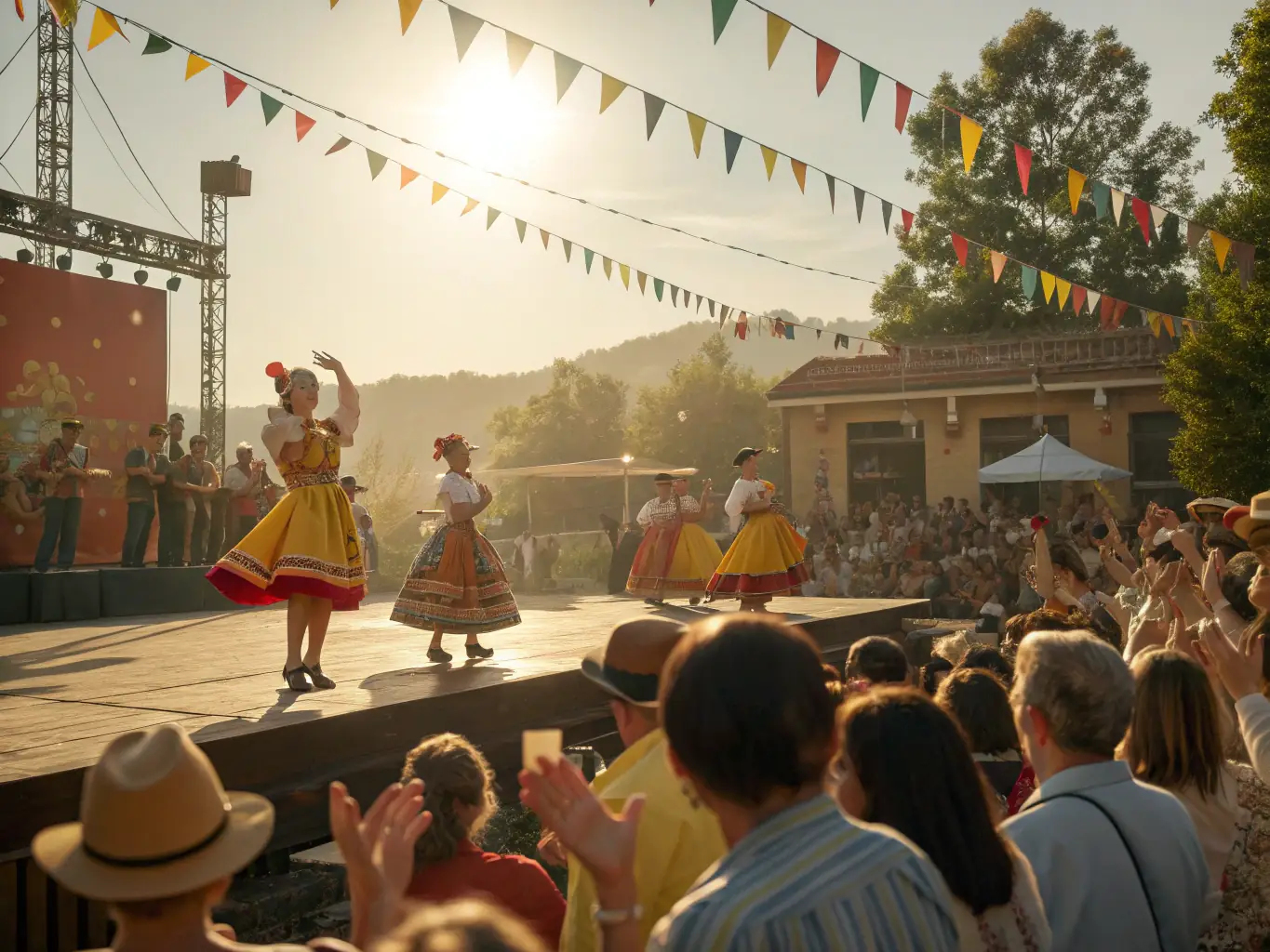 A photograph capturing a group of diverse community members participating in a traditional wine harvest festival, showcasing intergenerational engagement and cultural pride.
