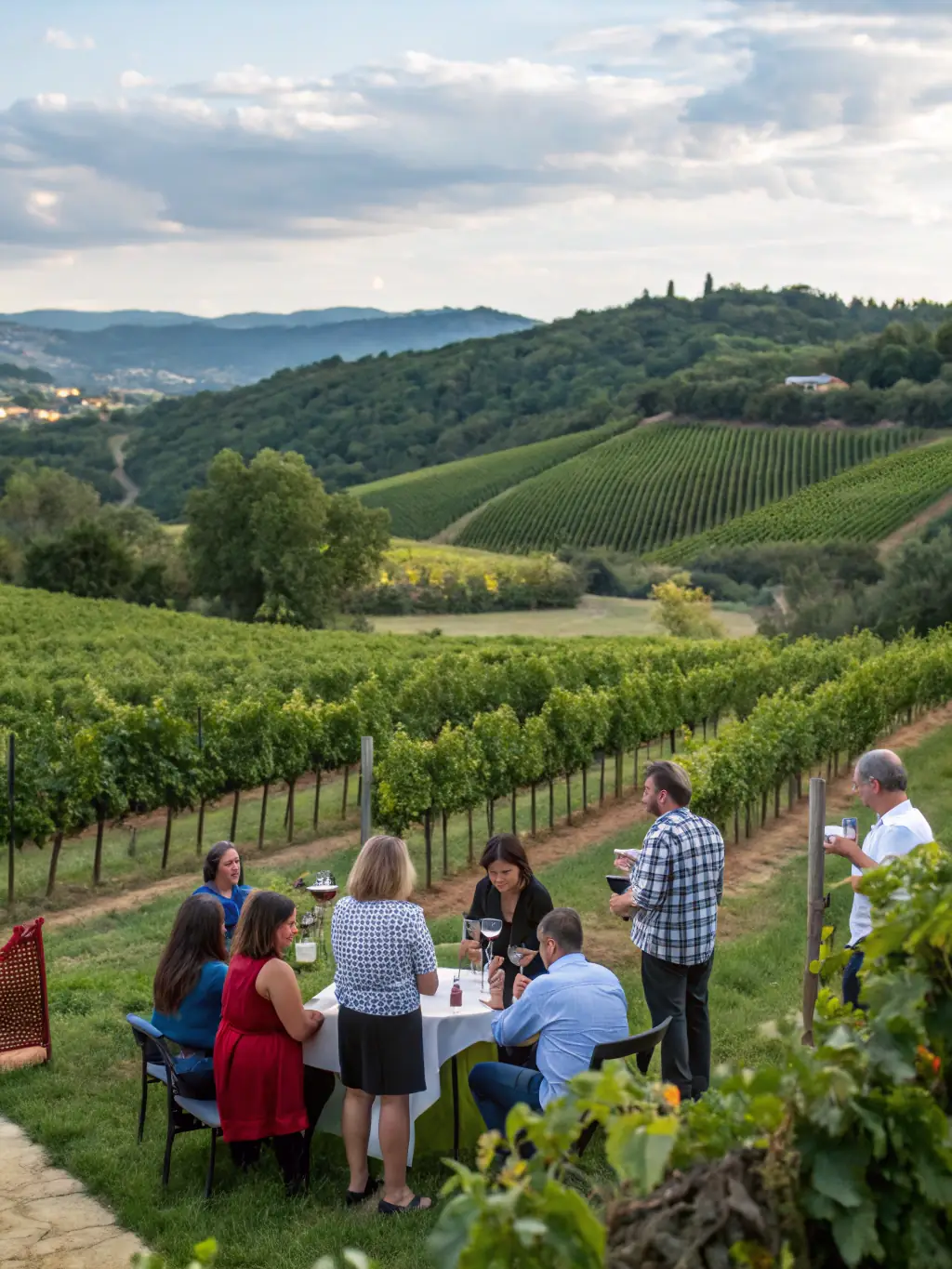 A photograph capturing a group of people participating in a wine tasting event at a local vineyard in Fitou, France. The image should convey a sense of community and enjoyment of local wines.